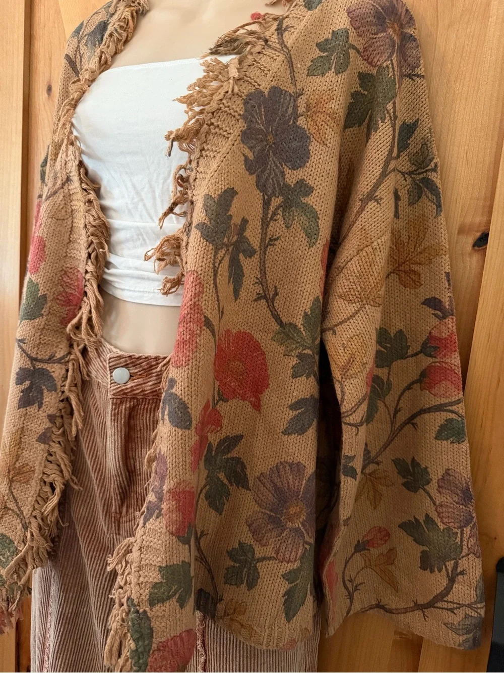 POL Floral Print Fringe Open Cardigan Boho Cottagecore Oversized Sweater L